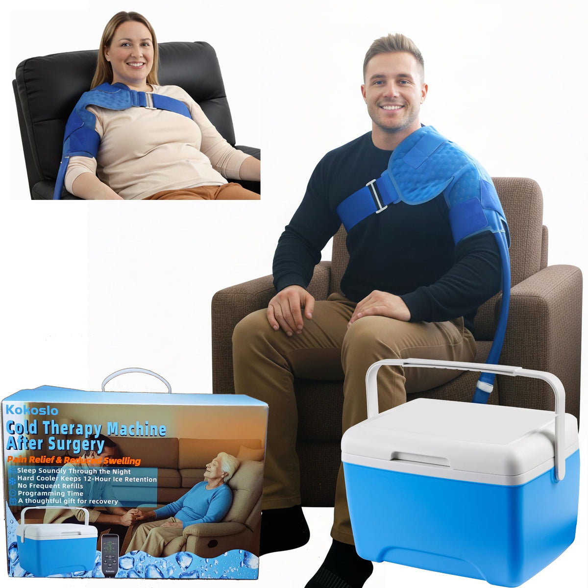 Kokoslo shoulder-pad ergonomic-fit provides secure cooling for post-op recovery.