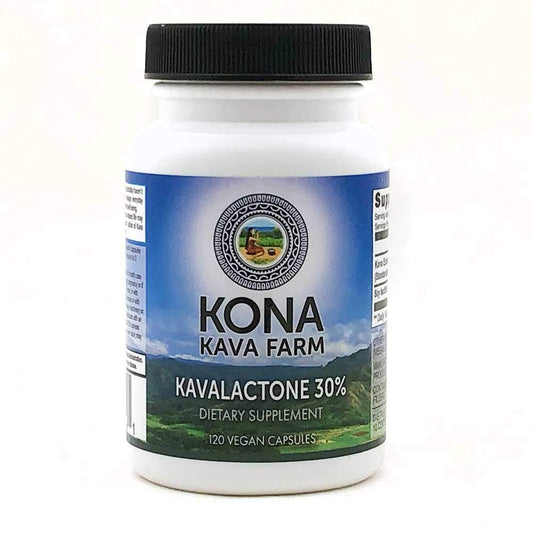 Kona Kava Farm 30-percent kavalactone bottle front highlights premium noble kava.