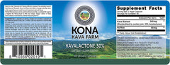 Kona Kava Farm bottle packaging label emphasizes quality, small-batch craftsmanship.