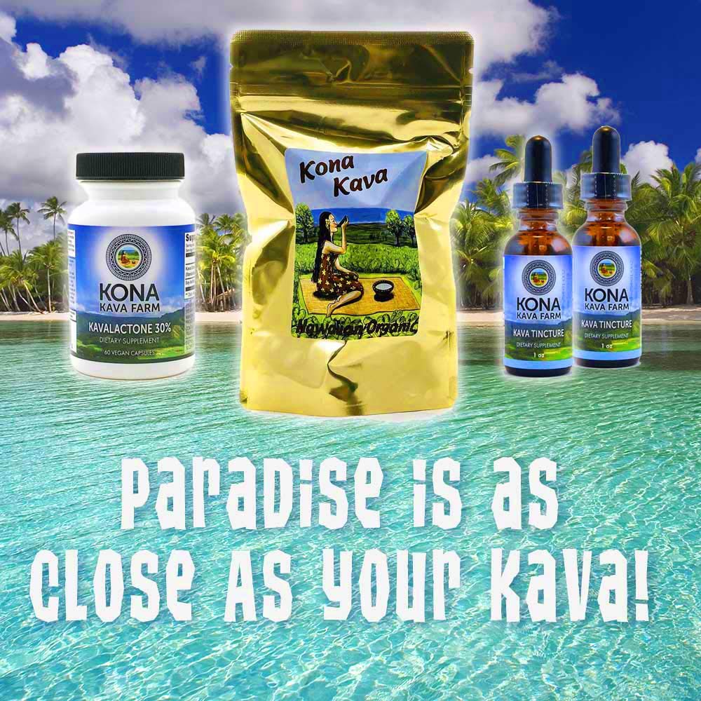 Kona Kava Farm vegan non-GMO label implies clean, plant-based supplement.