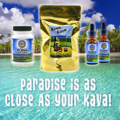 Kona Kava Farm vegan non-GMO label implies clean, plant-based supplement.