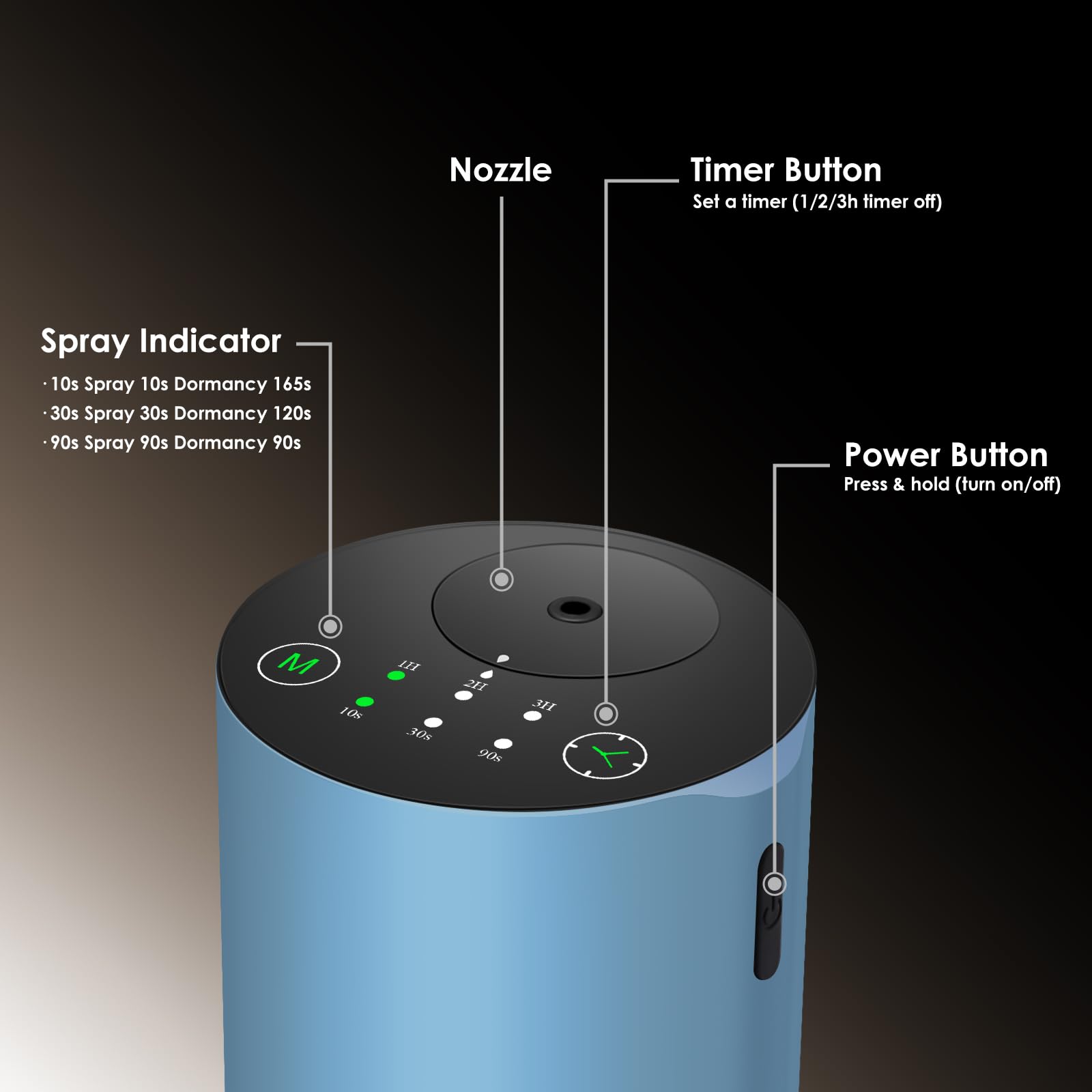 KONCHILE waterless diffuser blue top view, portable and space-saving