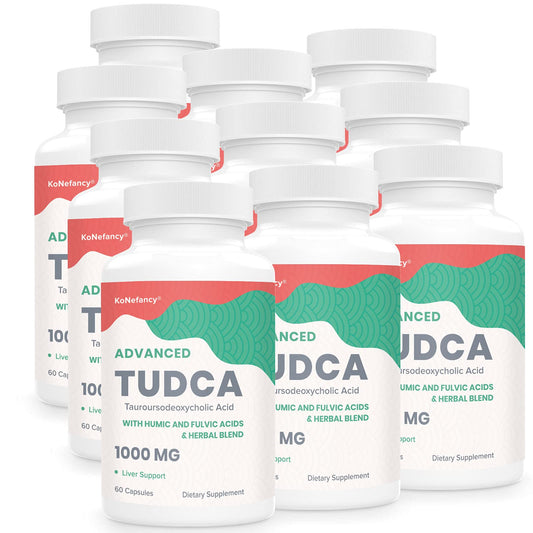 KoNefancy TUDCA liver supplement bottle shown, highlighting a 60-capsule supply for daily liver support