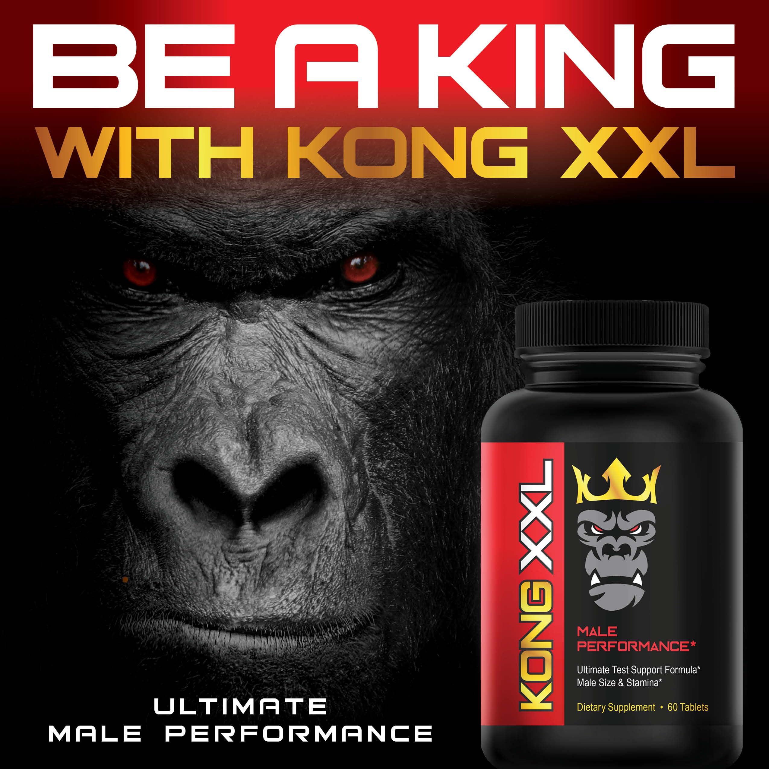 Kong XXL box art and pills conveying discreet premium male enhancement