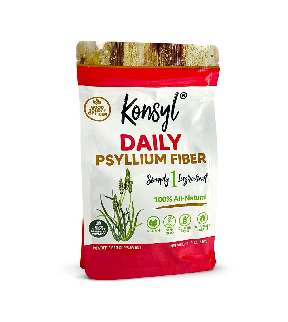 Konsyl Daily Psyllium fiber powder packaging shown as a daily fiber source for digestive support