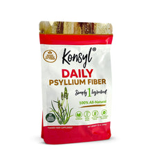 Konsyl Daily Psyllium fiber powder packaging shown as a daily fiber source for digestive support