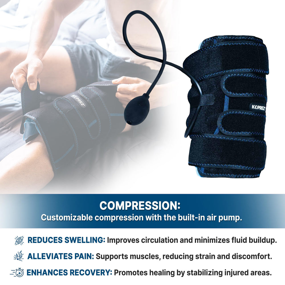 Koprez knee wrap worn during daily activities for comfortable support.