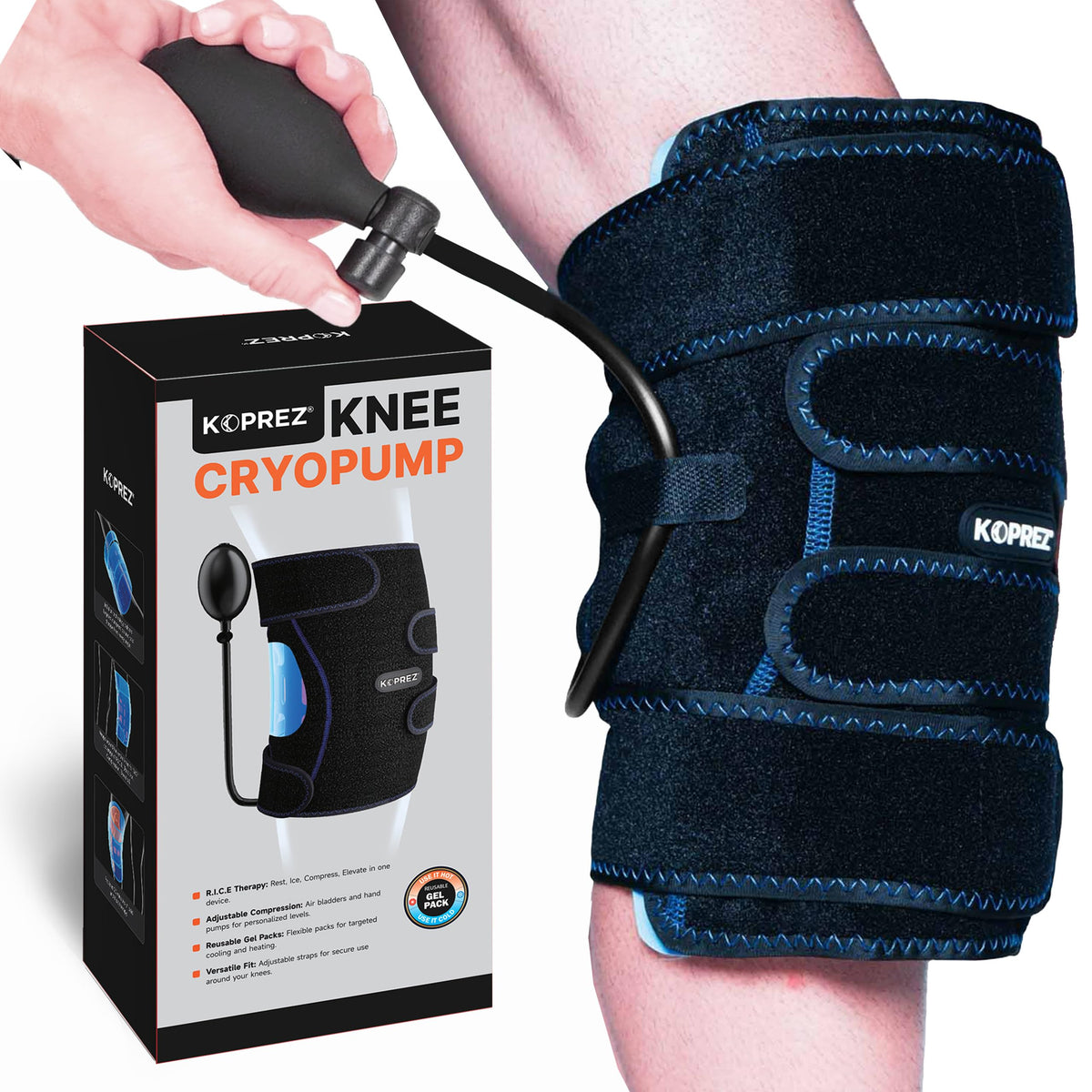 Koprez Knee CryoPump wrapped on the knee for targeted cold therapy.