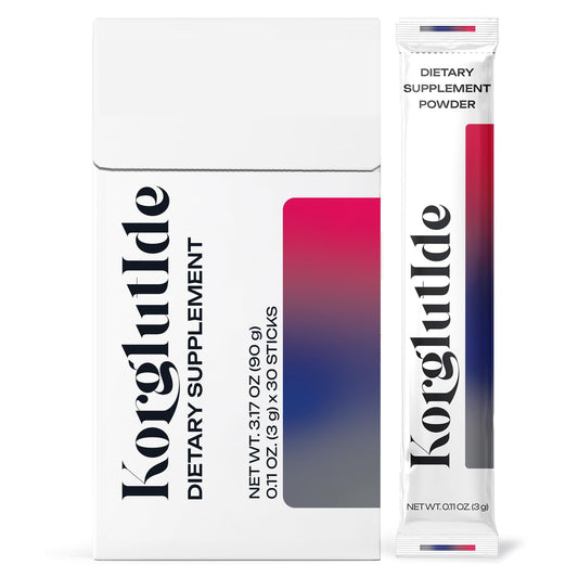 Korglutide daily peptide stick packaging shown for convenient on-the-go use