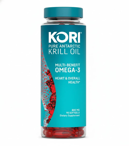 Kori Krill Antarctic Krill Oil bottle illustrating sustainable omega-3 support for heart and brain