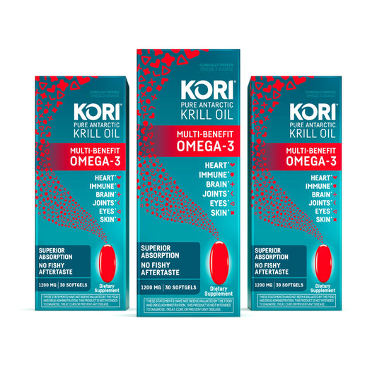 Kori Krill Oil bottle front view highlighting easy daily omega-3 intake.
