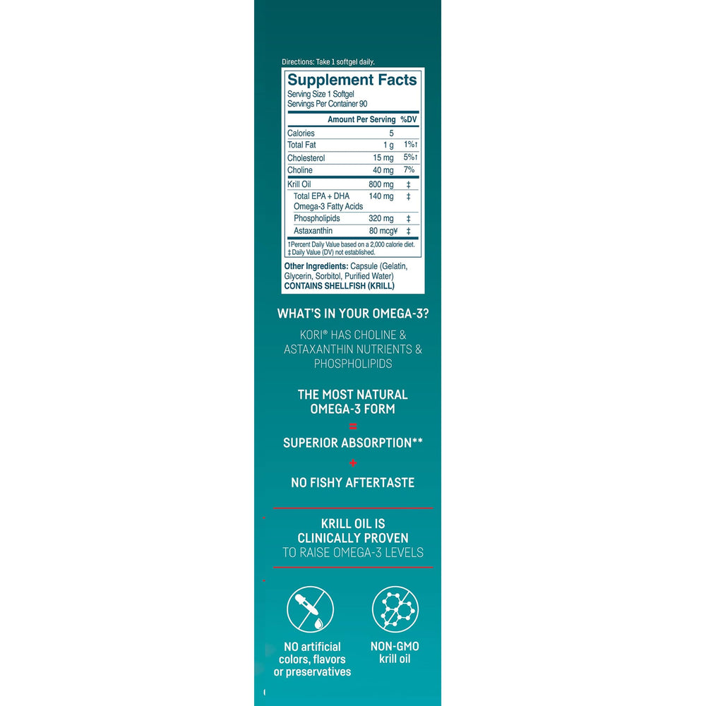 Kori Krill omega-3 softgels close-up showing concentrated phospholipid formula for better absorption
