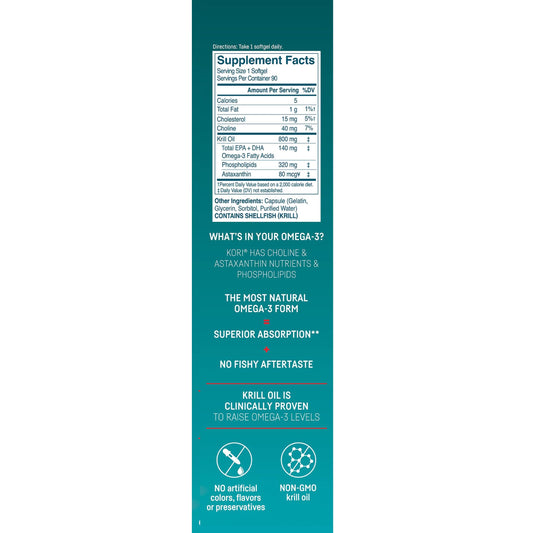 Kori Krill omega-3 softgels close-up showing concentrated phospholipid formula for better absorption