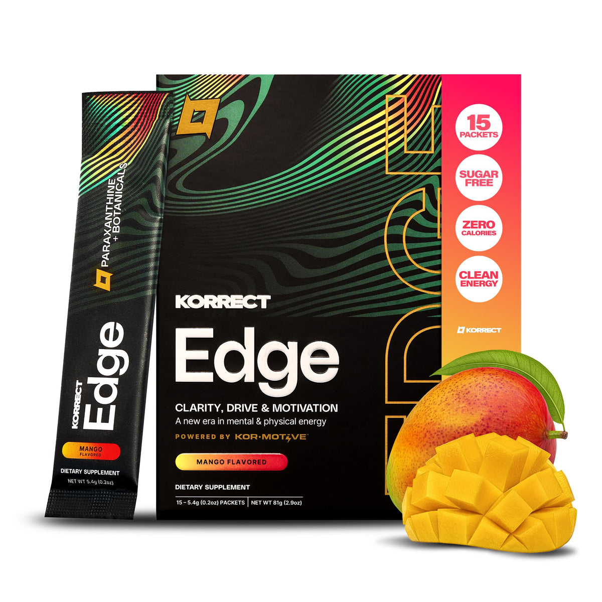 KORRECT LIFE Mental Performance Edge mango packets for sharper focus during study sessions.