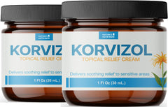 Korvizol Comfort Cream tube close-up showing natural ingredients and cooling sensation.