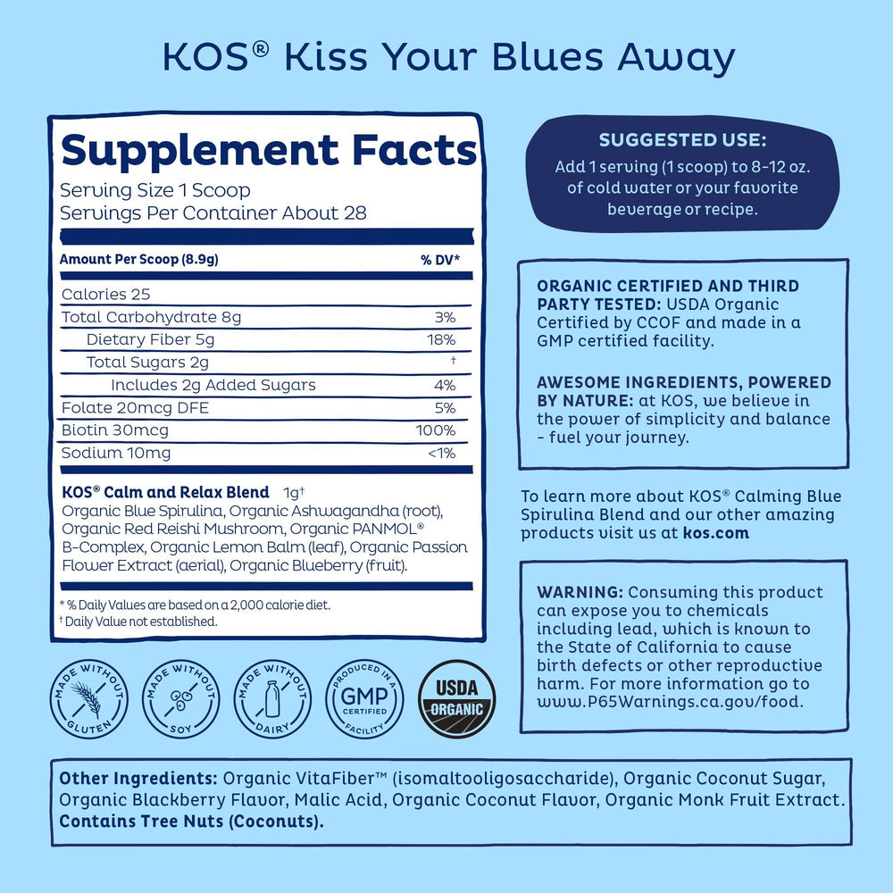 KOS ashwagandha lemon-balm botanicals jar suggests calming evenings and mindful sips.