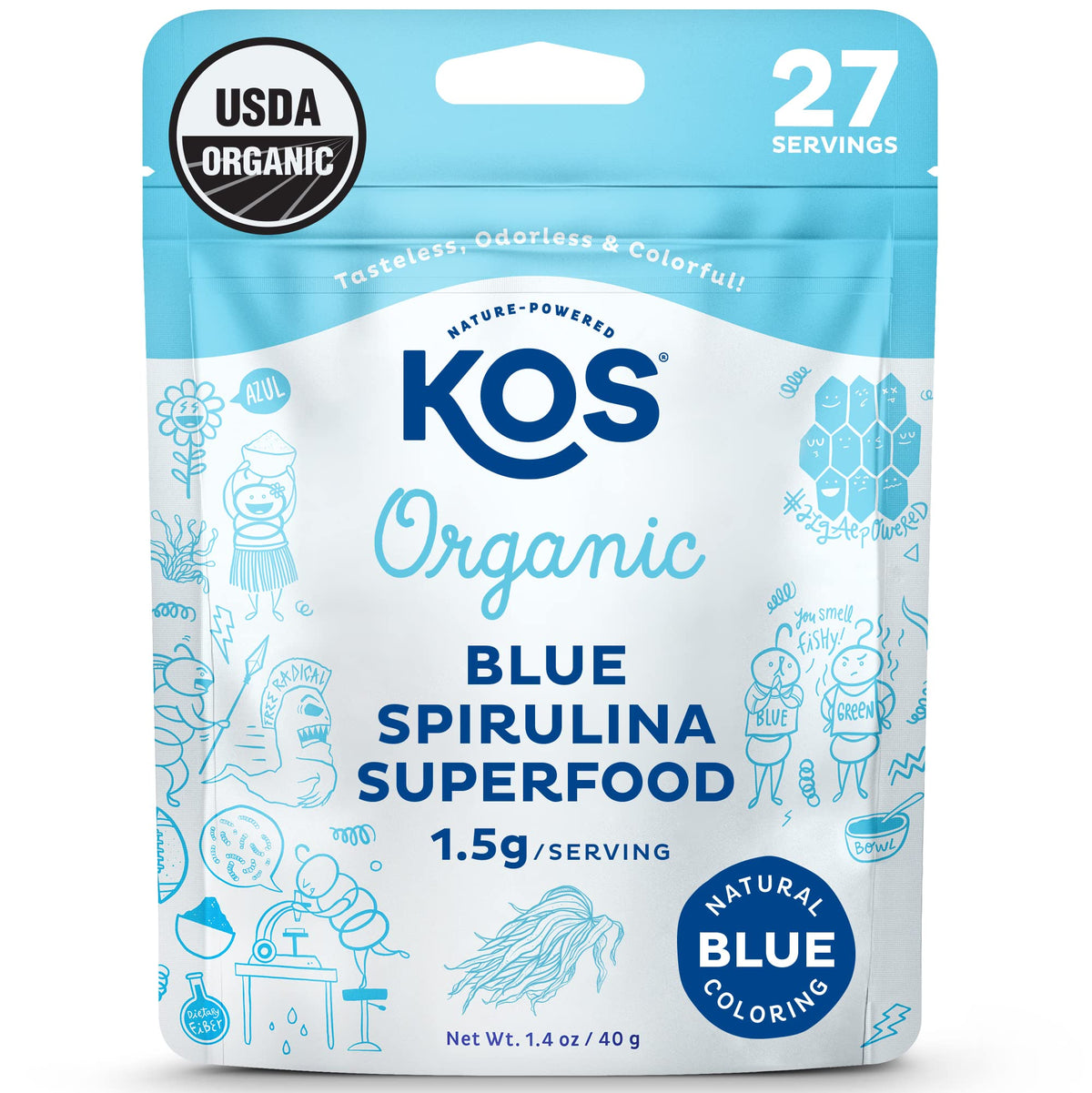 KOS Blue Spirulina powder bottle ready for smoothies and bowls.