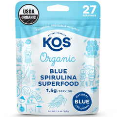 KOS Blue Spirulina powder bottle ready for smoothies and bowls.