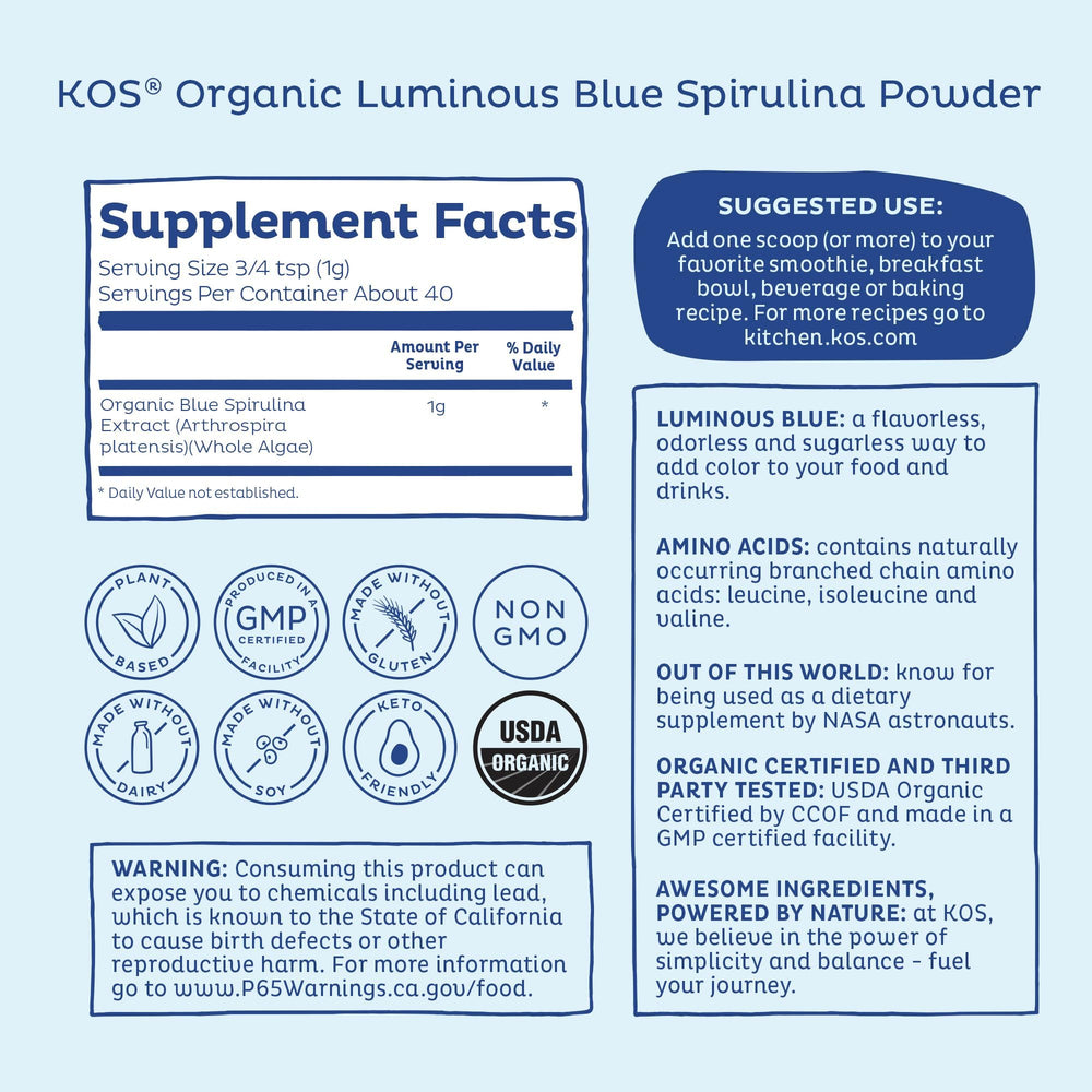 KOS Blue Spirulina powder jar label featuring organic, non-GMO details.