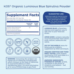KOS Blue Spirulina powder jar label featuring organic, non-GMO details.