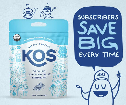Pouring KOS Blue Spirulina powder into a glass for a vibrant blue drink.