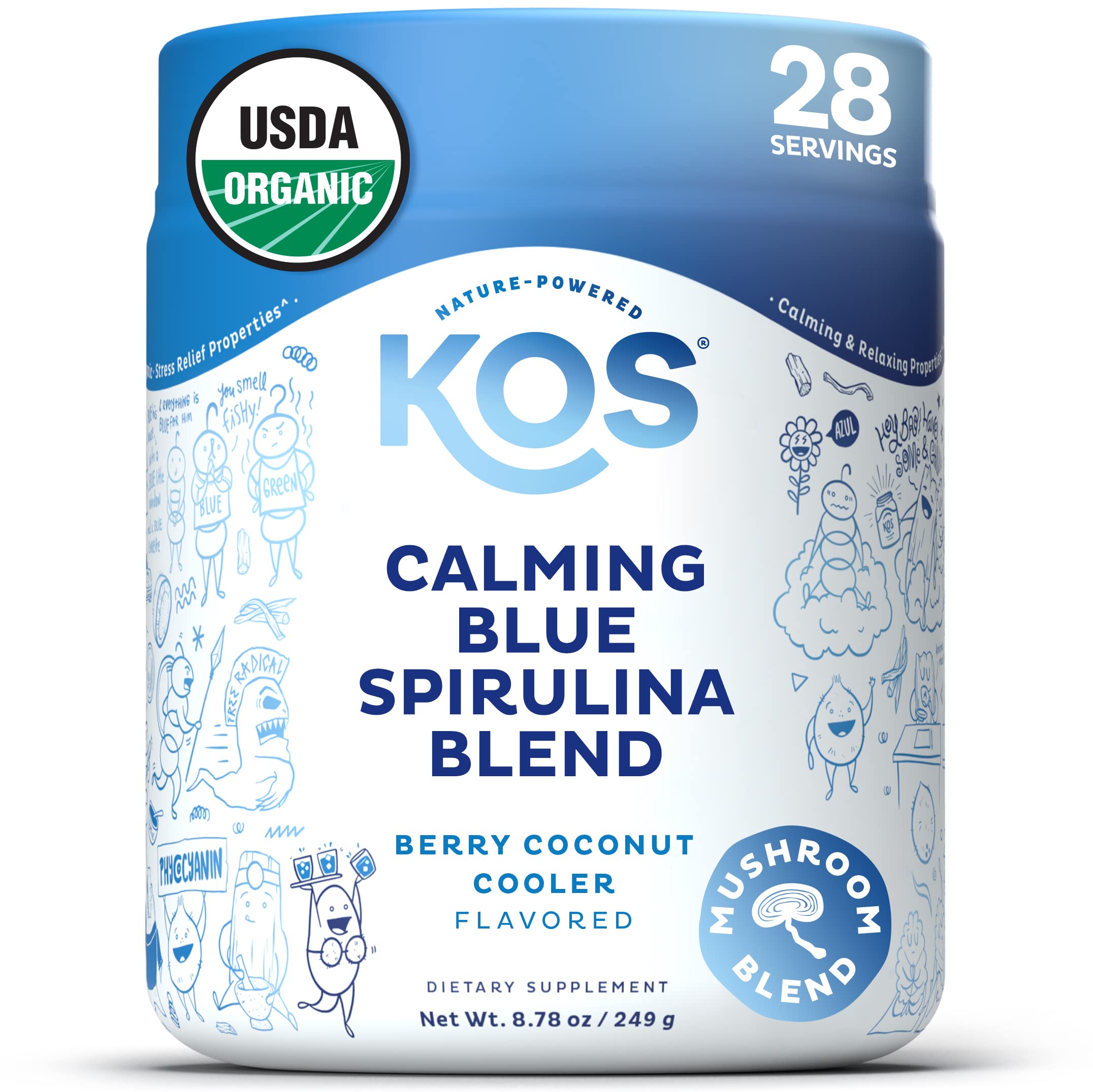 KOS Calming Blue Spirulina blend bottle showcases soothing, antioxidant-rich refreshment.