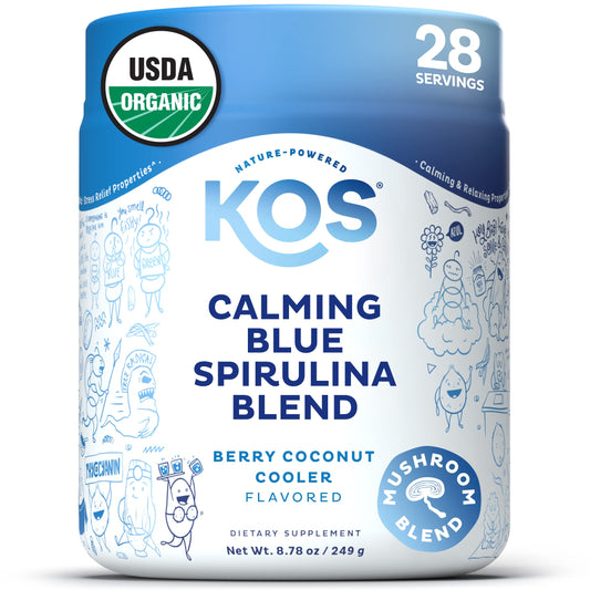 KOS Calming Blue Spirulina blend bottle showcases soothing, antioxidant-rich refreshment.