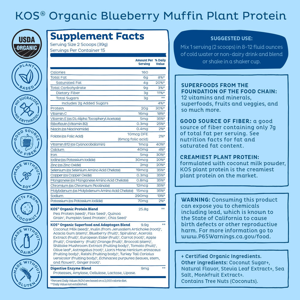 KOS Ingredients list with USDA and CCOF certifications shown on packaging.