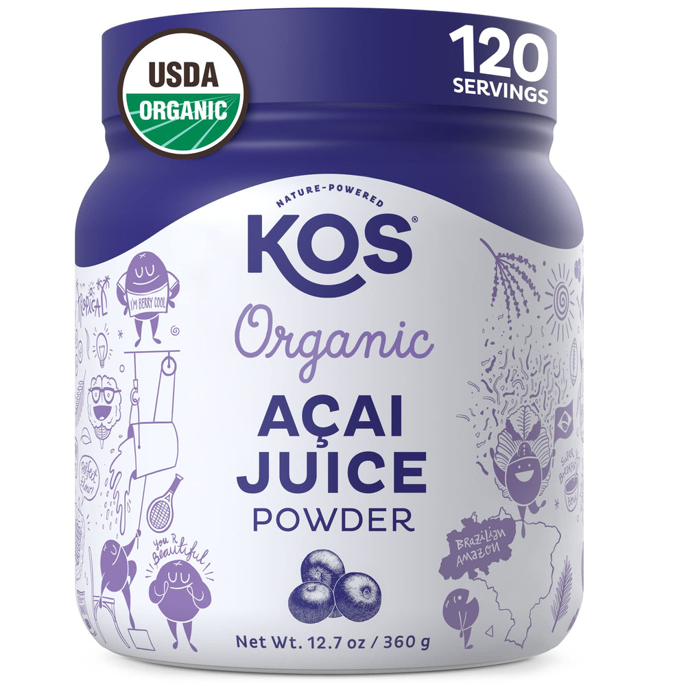 KOS Organic Acai Juice Powder packaging front highlighting organic certification and clean label