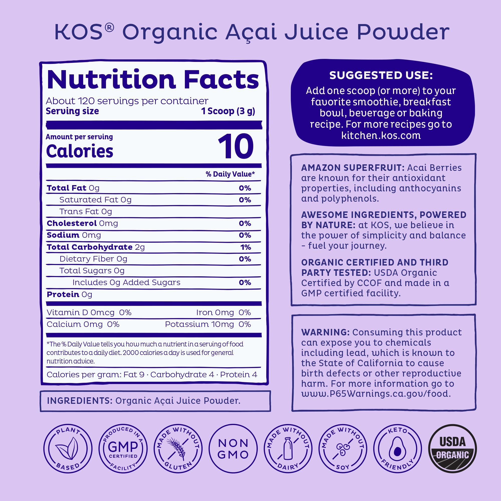 KOS Organic Acai Juice Powder scoop dispensing for easy daily use