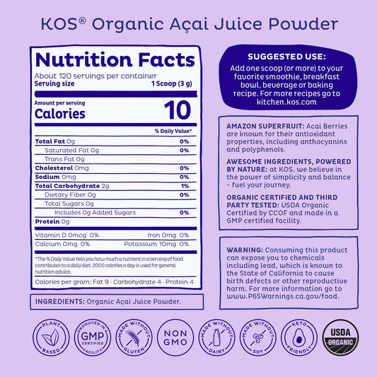 KOS Organic Acai Juice Powder scoop dispensing for easy daily use