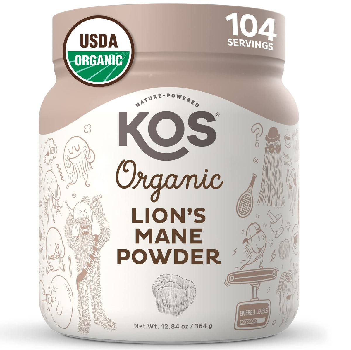 KOS Organic Lion's Mane Powder container closeup with focus on a vegan nootropic option