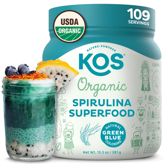 KOS Organic Spirulina powder bottle for daily smoothies and juices