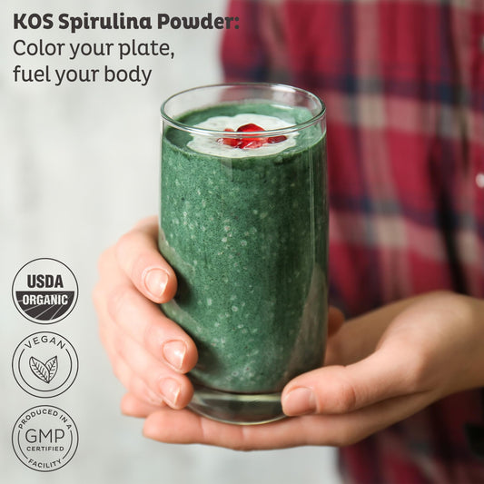KOS spirulina powder jar closeup for boosting greens in smoothies
