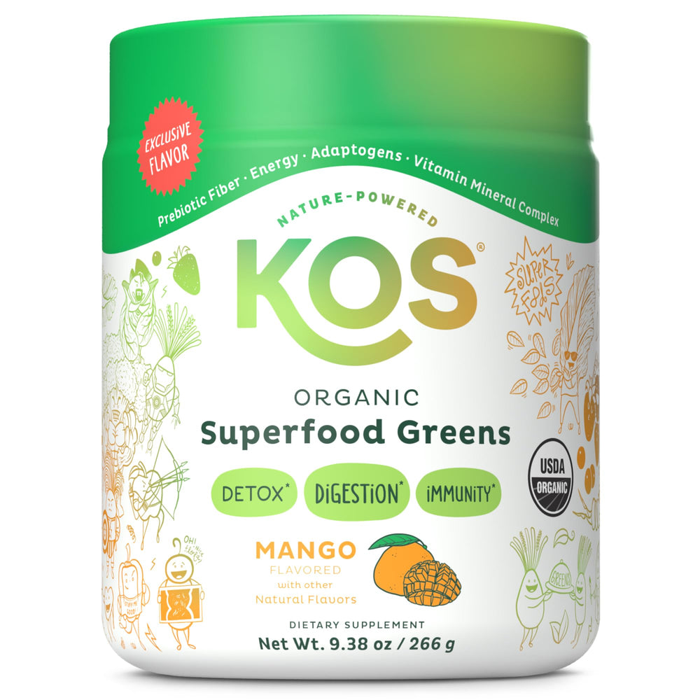KOS Organic Superfood Greens Mango bottle for quick daily veg boost and gut-friendly fiber