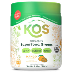 KOS Organic Superfood Greens Mango bottle for quick daily veg boost and gut-friendly fiber