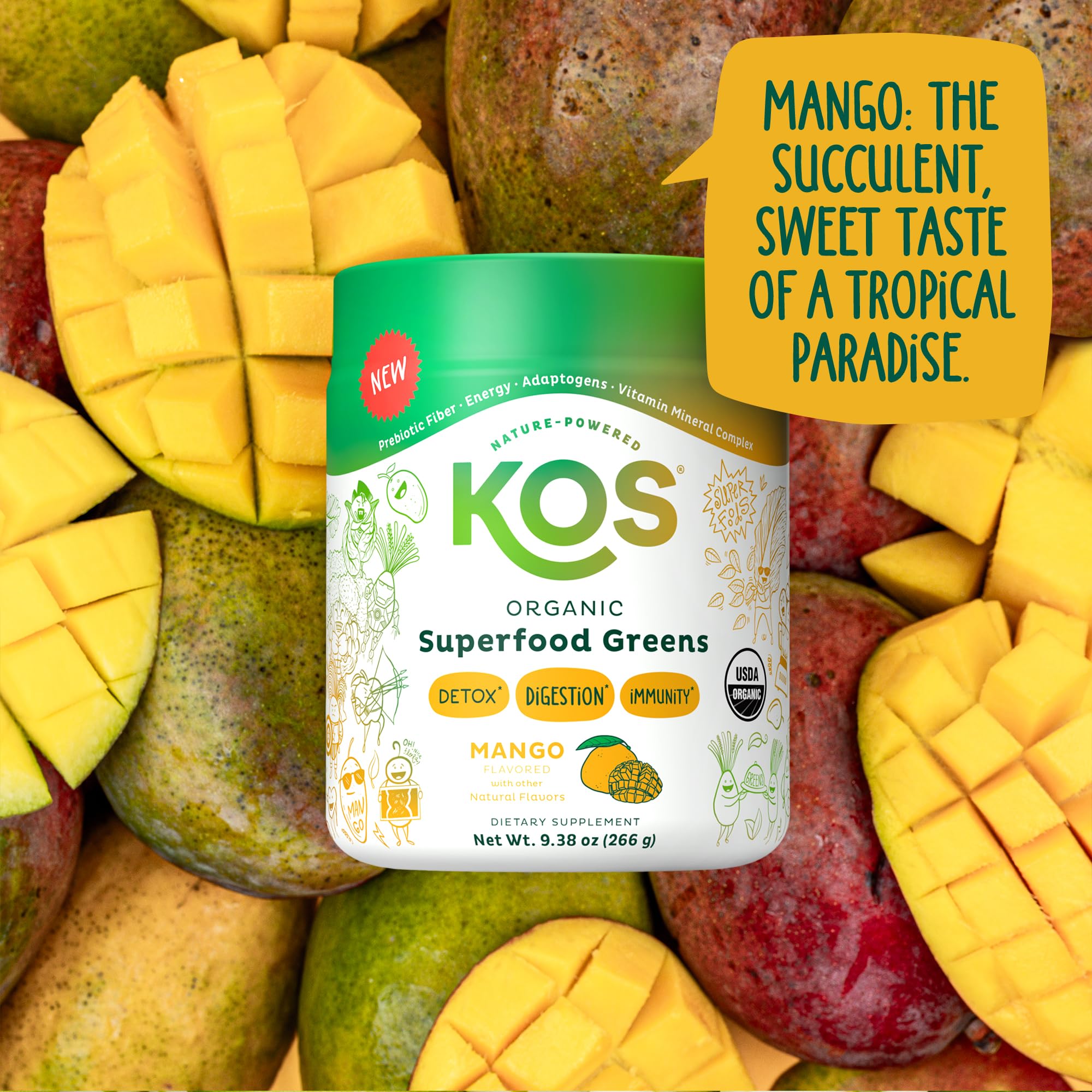 KOS packaging close-up features USDA Organic and GMP certification clearly