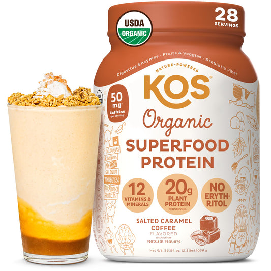 KOS organic vegan protein powder jar highlighting premium ingredients for a plant-based meal