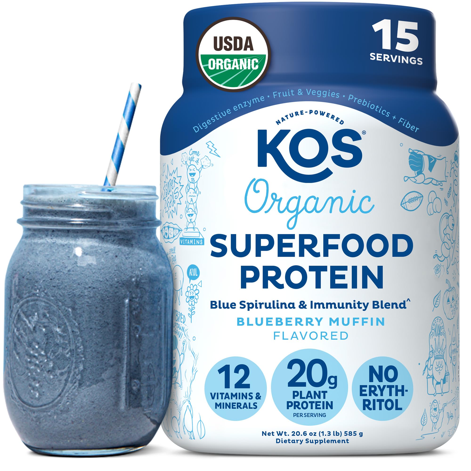 KOS Plant Based Protein Powder Blueberry Muffin packshot showing flavor and clean ingredients for everyday protein.