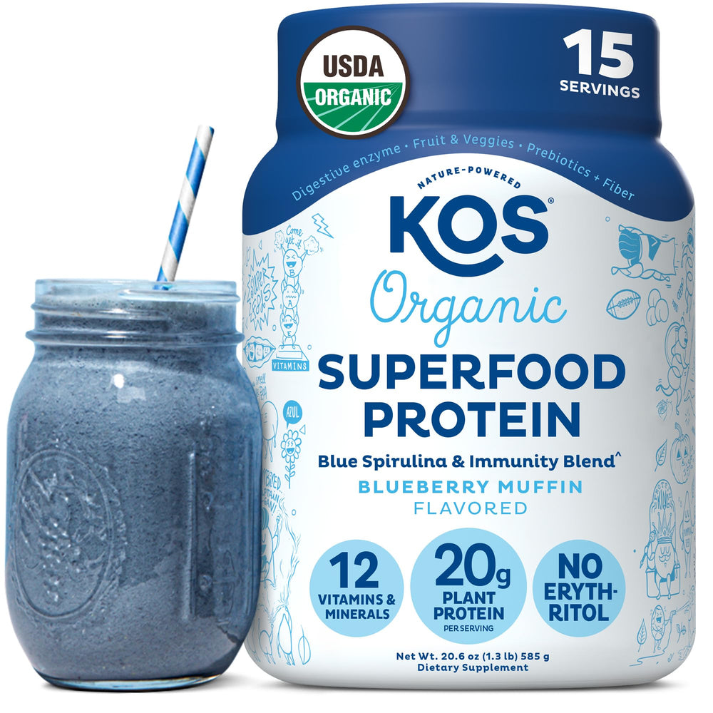 KOS Plant Based Protein Powder Blueberry Muffin packshot showing flavor and clean ingredients for everyday protein.