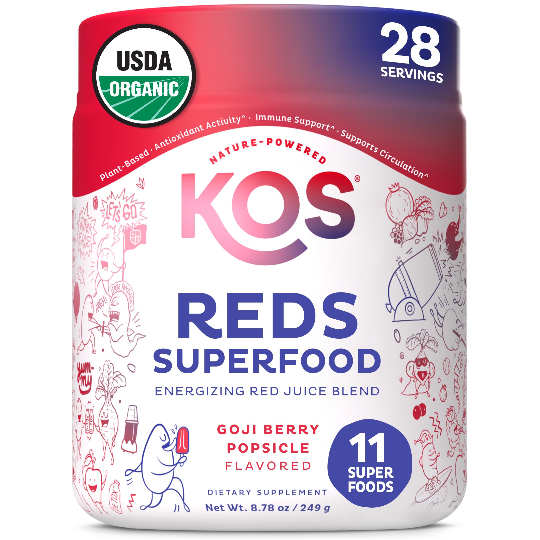 KOS Reds powder bottle pouring into a glass for daily antioxidant support