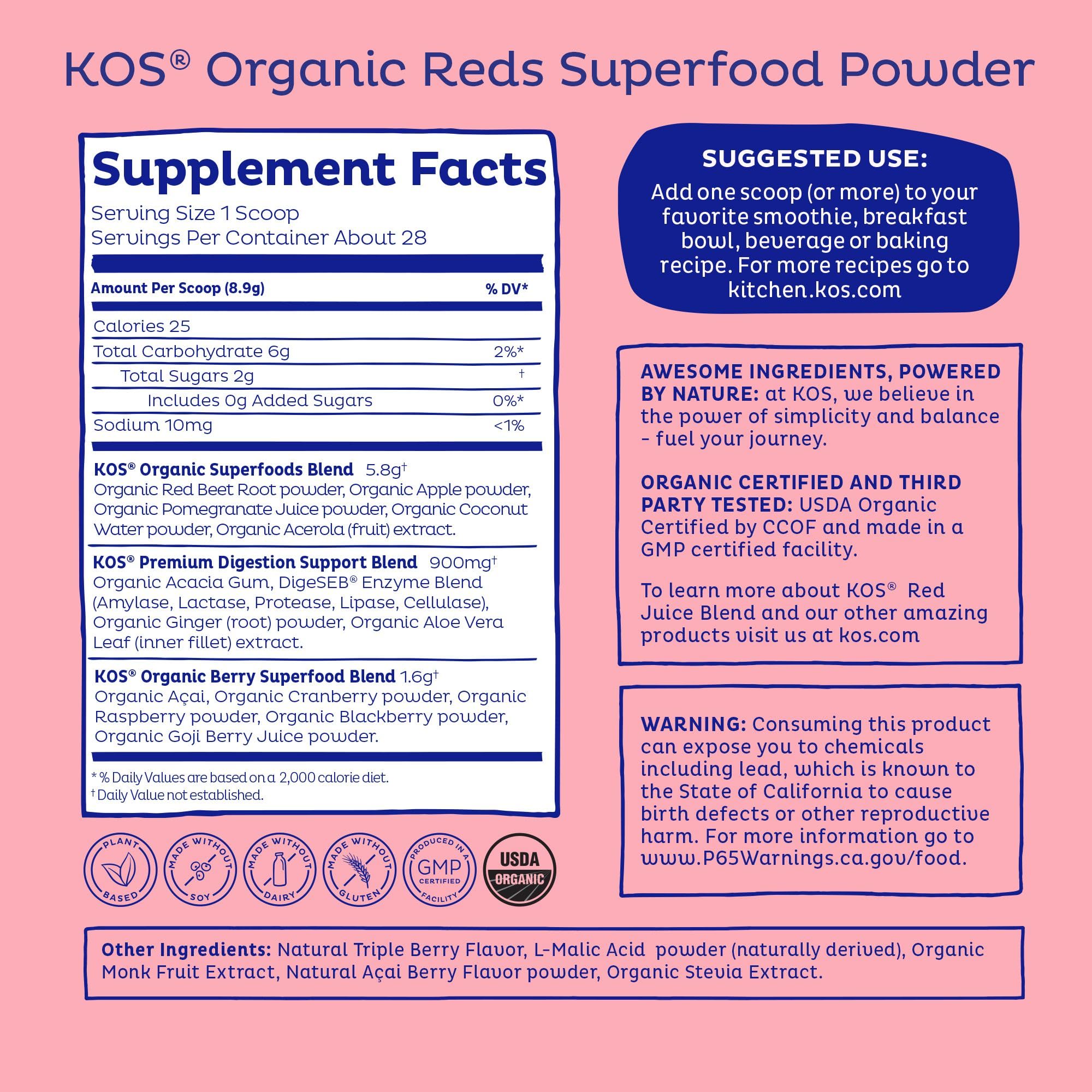 KOS Reds jar with serving scoop, convenient daily fruit and veggie mix