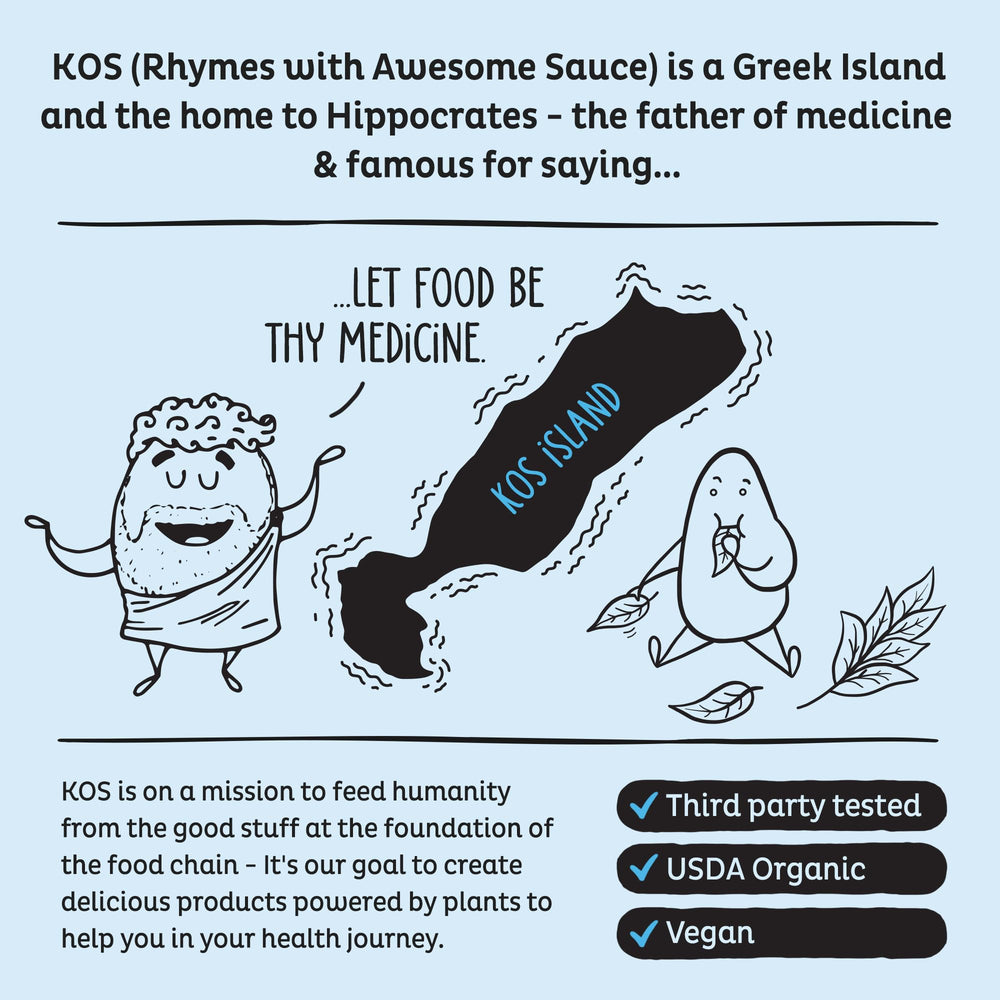 KOS Vegan allergen-free label close-up confirming dairy- and gluten-free formula.