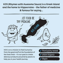 KOS Vegan allergen-free label close-up confirming dairy- and gluten-free formula.
