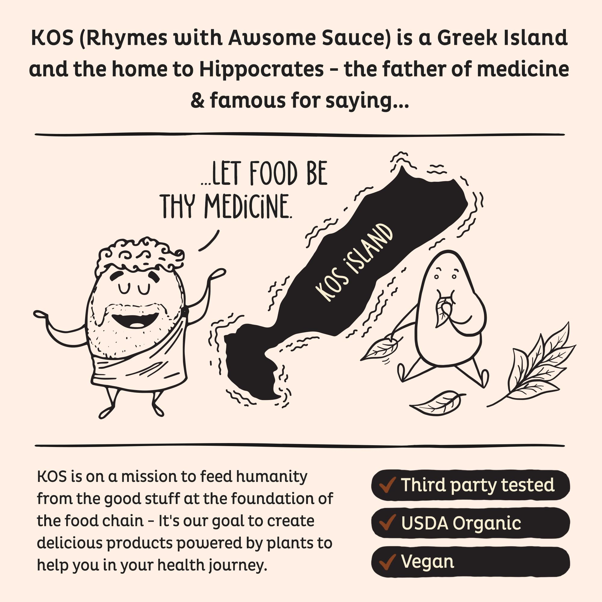 KOS Vegan Protein Powder nutrition panel shows 20g protein per serving.