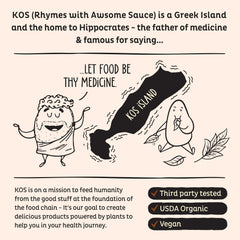 KOS Vegan Protein Powder nutrition panel shows 20g protein per serving.