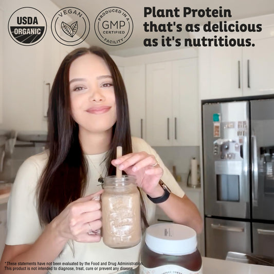 KOS Vegan Protein Powder chocolate tub open reveals powder texture and cacao notes.