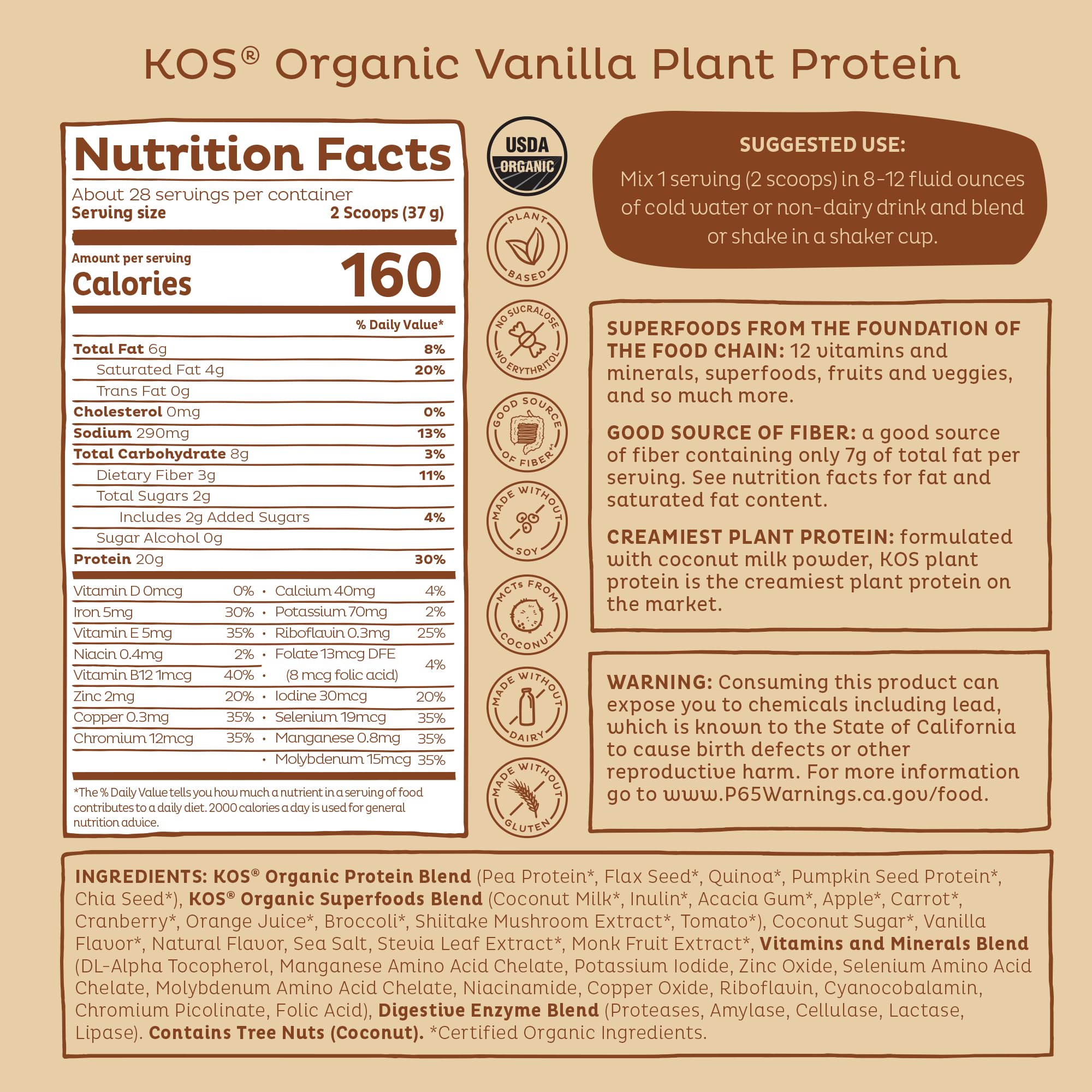 KOS protein powder kitchen scene emphasizes dairy-free, soy-free lifestyle.