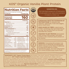KOS protein powder kitchen scene emphasizes dairy-free, soy-free lifestyle.
