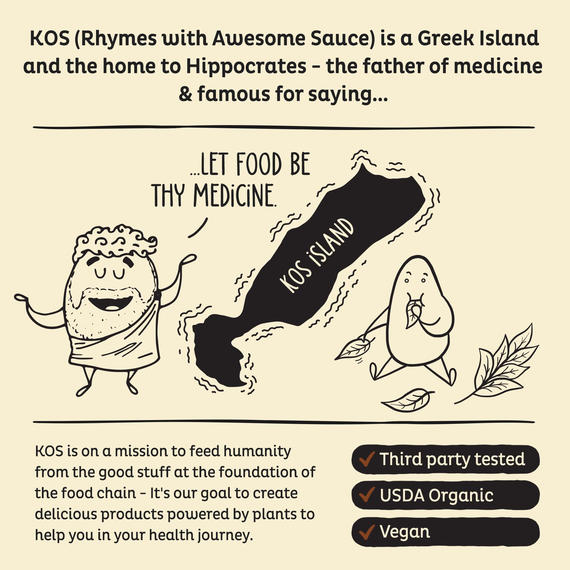 KOS packaging highlights vitamins and minerals in a plant-based blend.